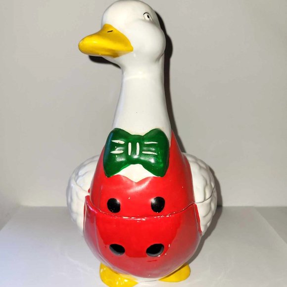 VINTAGE 12" DUCK IN RED TUXEDO COOKIE JAR GREEN BOW TIE HAND PAINTED - Picture 4 of 12